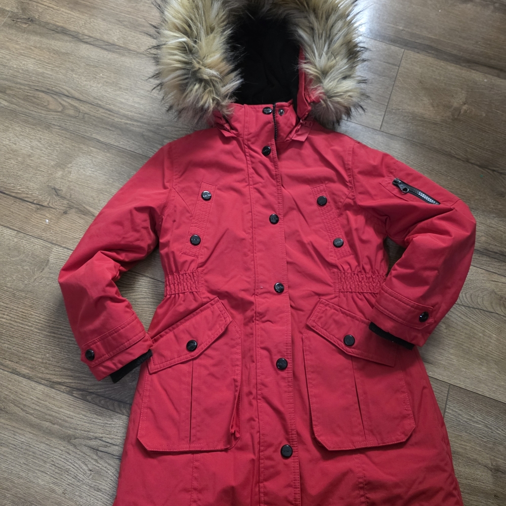 Stevies Red Parka Jacket with Faux Fur Hood